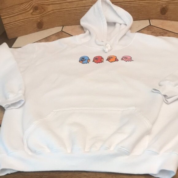 Pac-Man video game graphic design white pullover hoodie size large - Picture 2 of 12